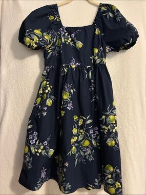 Time and Tru Navy Lemon Floral Puff-Sleeve Dress